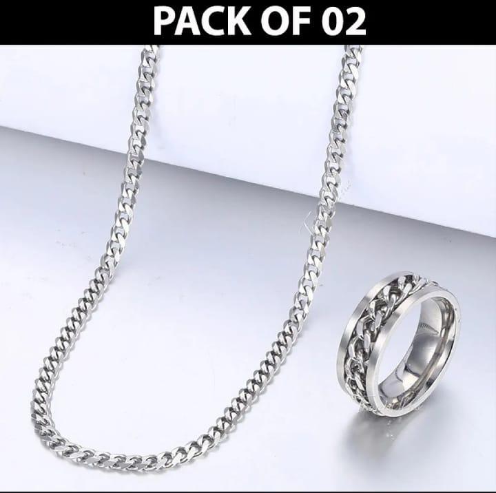  Plain Silver Chain with Ring - Minimalist Jewelry Set